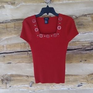 3/$10 RQT Senna Red Square Neck Short Sleeved Ribbed Knit Sweater  Large